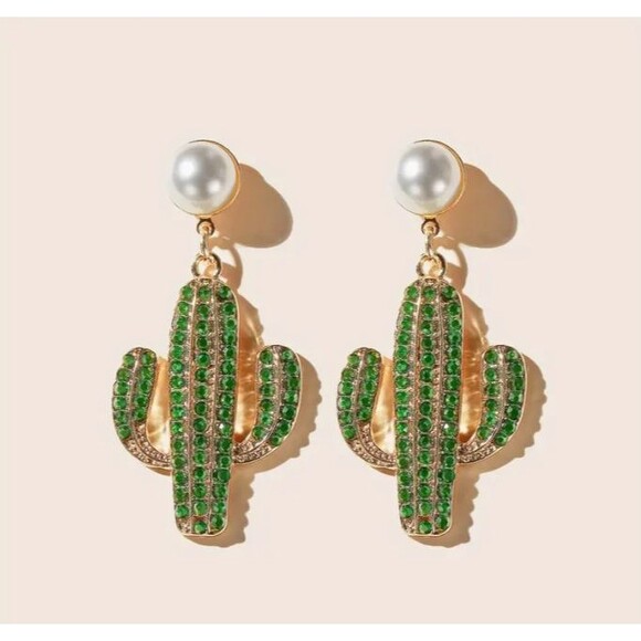 Gold Cactus Green Rhinestones Large Pearl Dangle Earrings - Picture 4 of 4